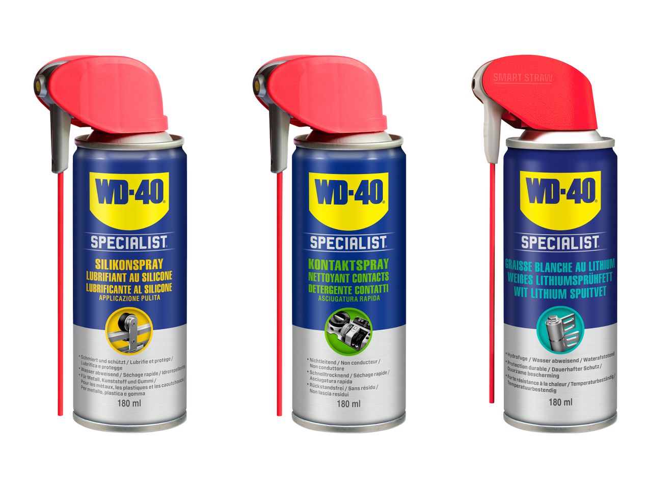 Drei Sprühdosen mit Spezialschmiermitteln: Silikonspray, Kontaktspray und weißes Lithiumsprühfett.