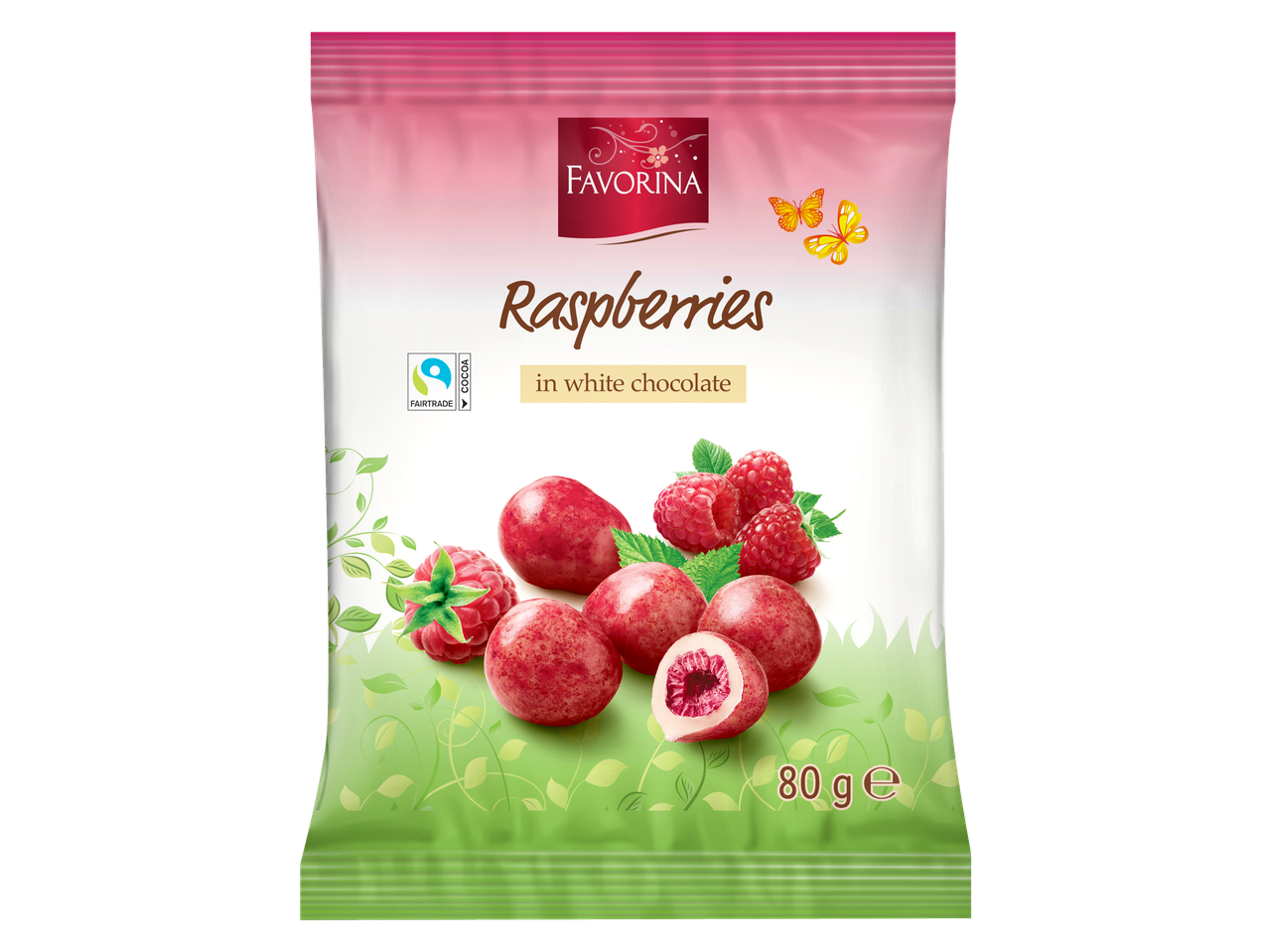 Favorina avietės baltajame šokolade, 80g pakuotė su Fairtrade kakavos sertifikatu.