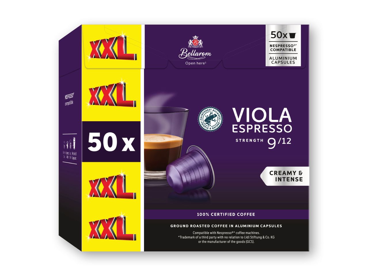 En pakke Bellarom Viola Espresso kaffekapsler, kompatible med Nespresso-maskiner.