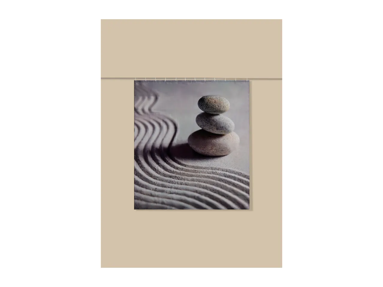 A shower curtain featuring a zen garden design with stacked stones and raked sand.