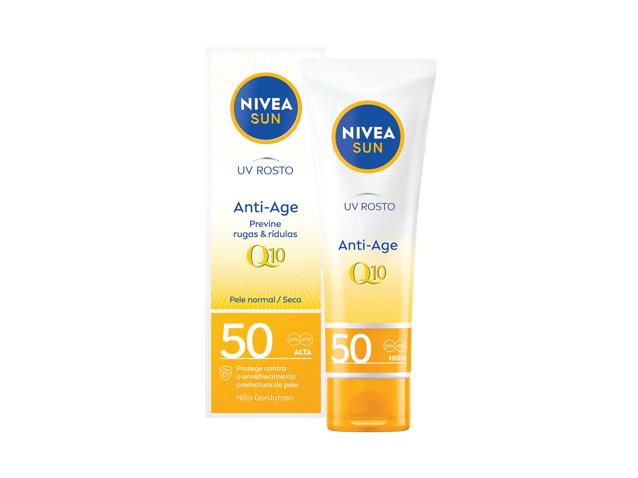 Protetor solar facial anti-idade com FPS 50 para pele normal a seca.