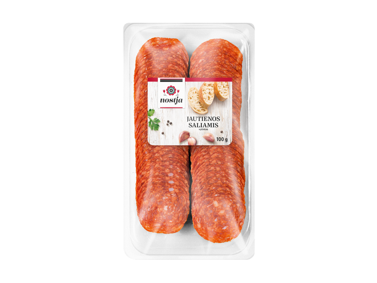 NOSTJA rūkytas jautienos saliamis, supjaustytas, pakuotėje, 100 g.