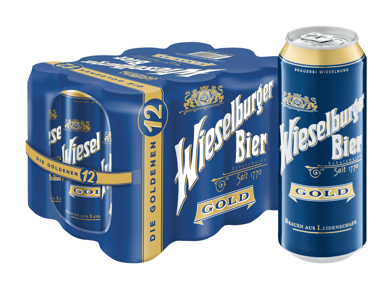 Zwölf Dosen Wieselburger Gold Bier im 12er-Pack.