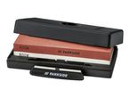 Sharpening stone set with 400# and 800# grit, in a black case with a sharpening guide.
