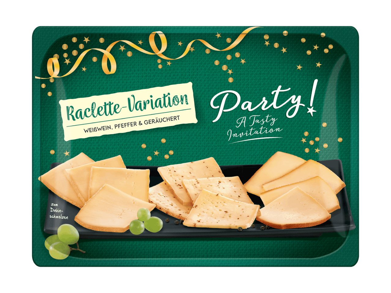 Raclette-Käsevariationen mit Weißwein, Pfeffer und geräuchert, auf einer Party-Einladung.