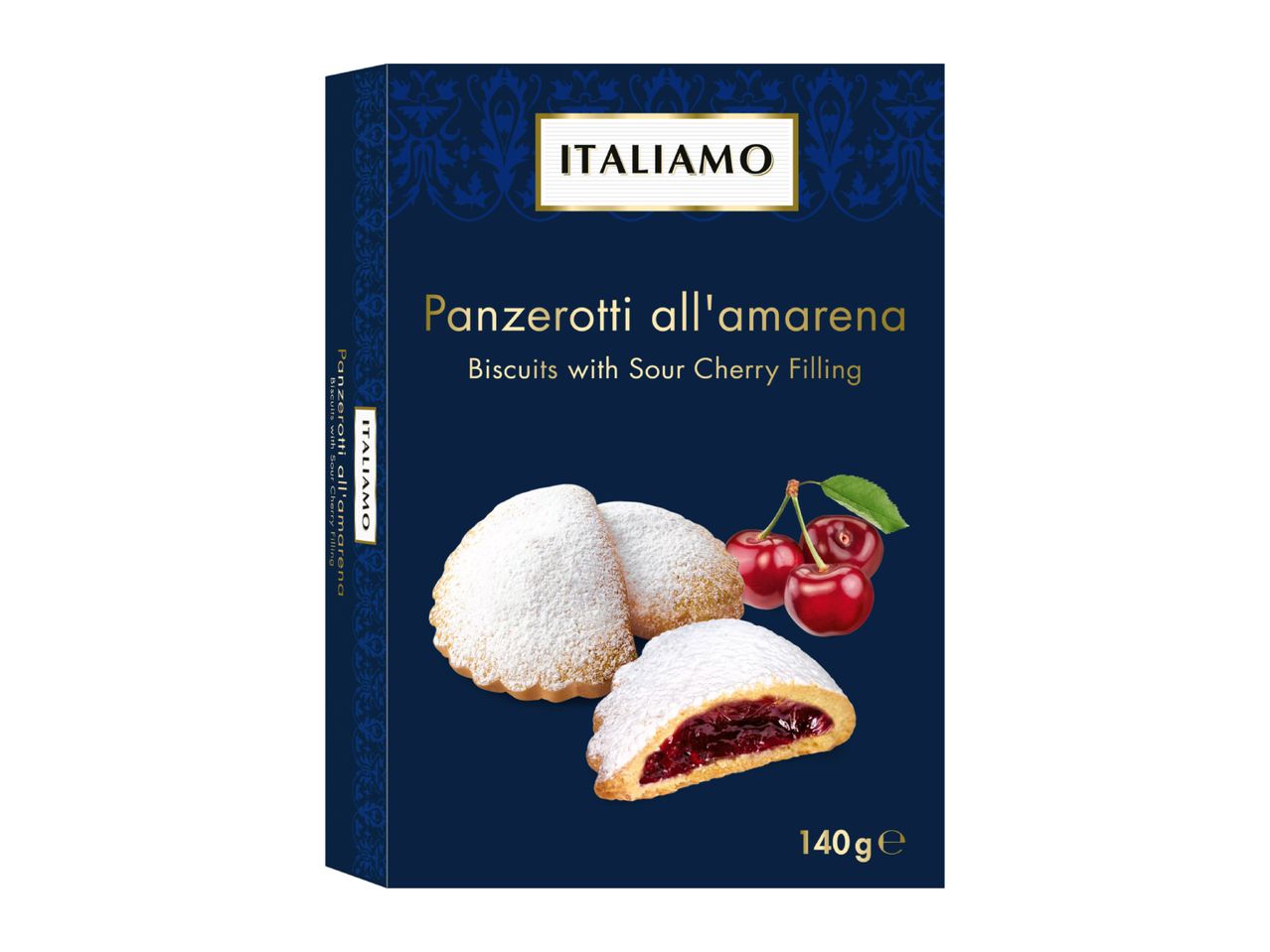 Box of biscuits with sour cherry filling, dusted with powdered sugar, next to fresh cherries.