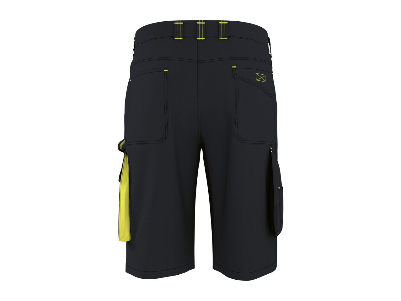 Black work shorts with yellow stitching and accents, back view.