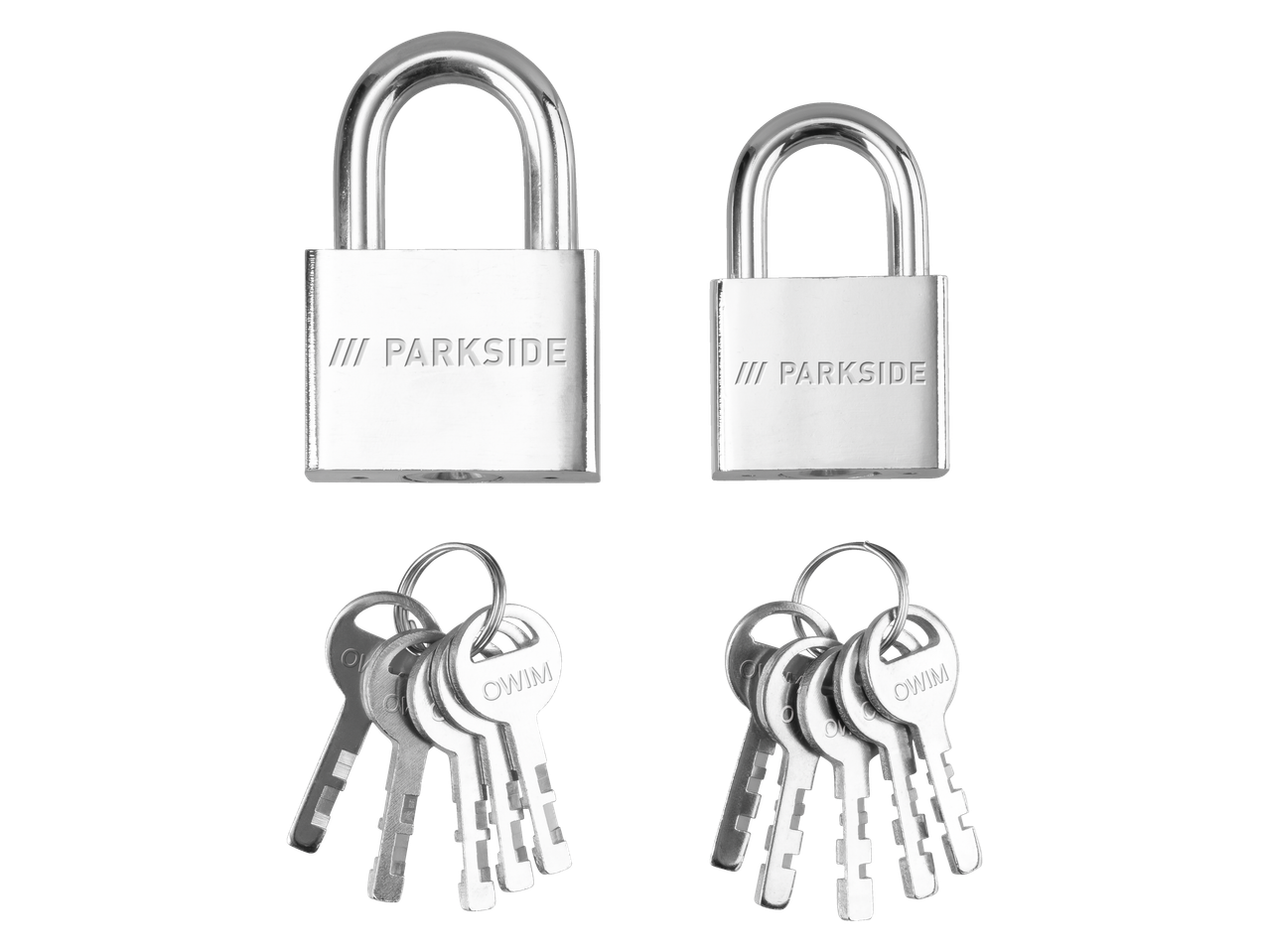 Two Parkside padlocks and their keys.