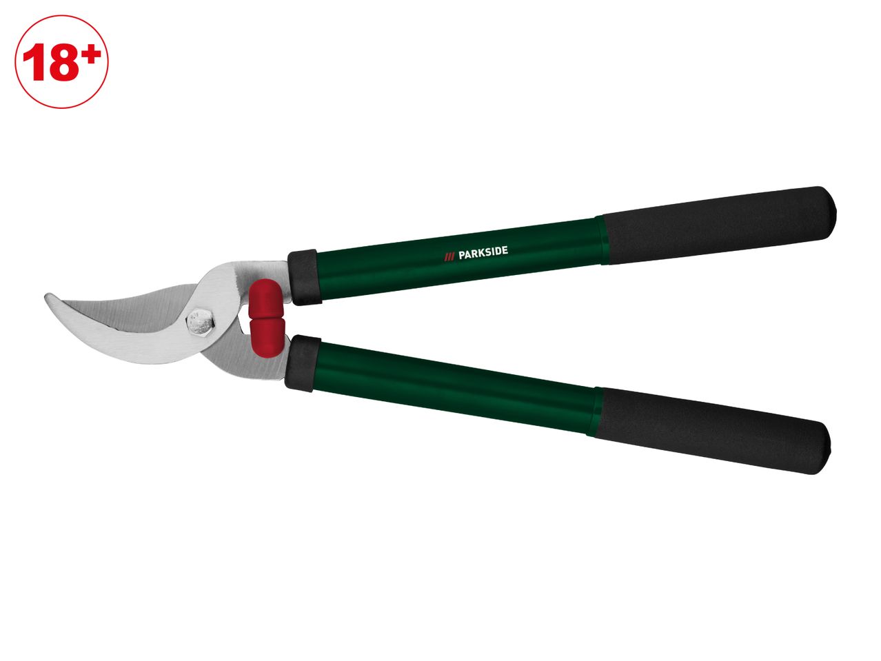 A pair of green and black garden loppers with a red 18+ age restriction symbol.