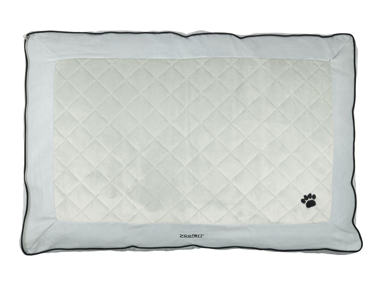 Light grey quilted pet bed with a black paw print and black piping.