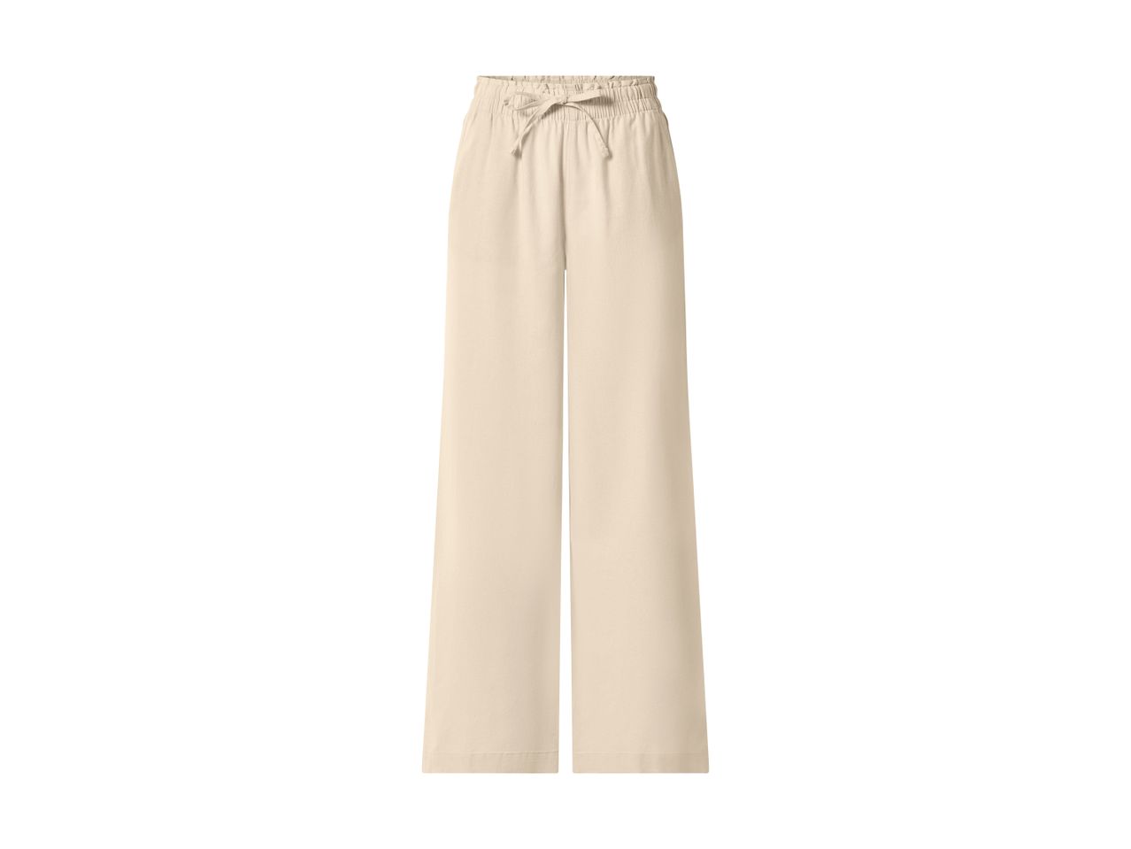 Beige, løse bukser med elastik i taljen og snøre.