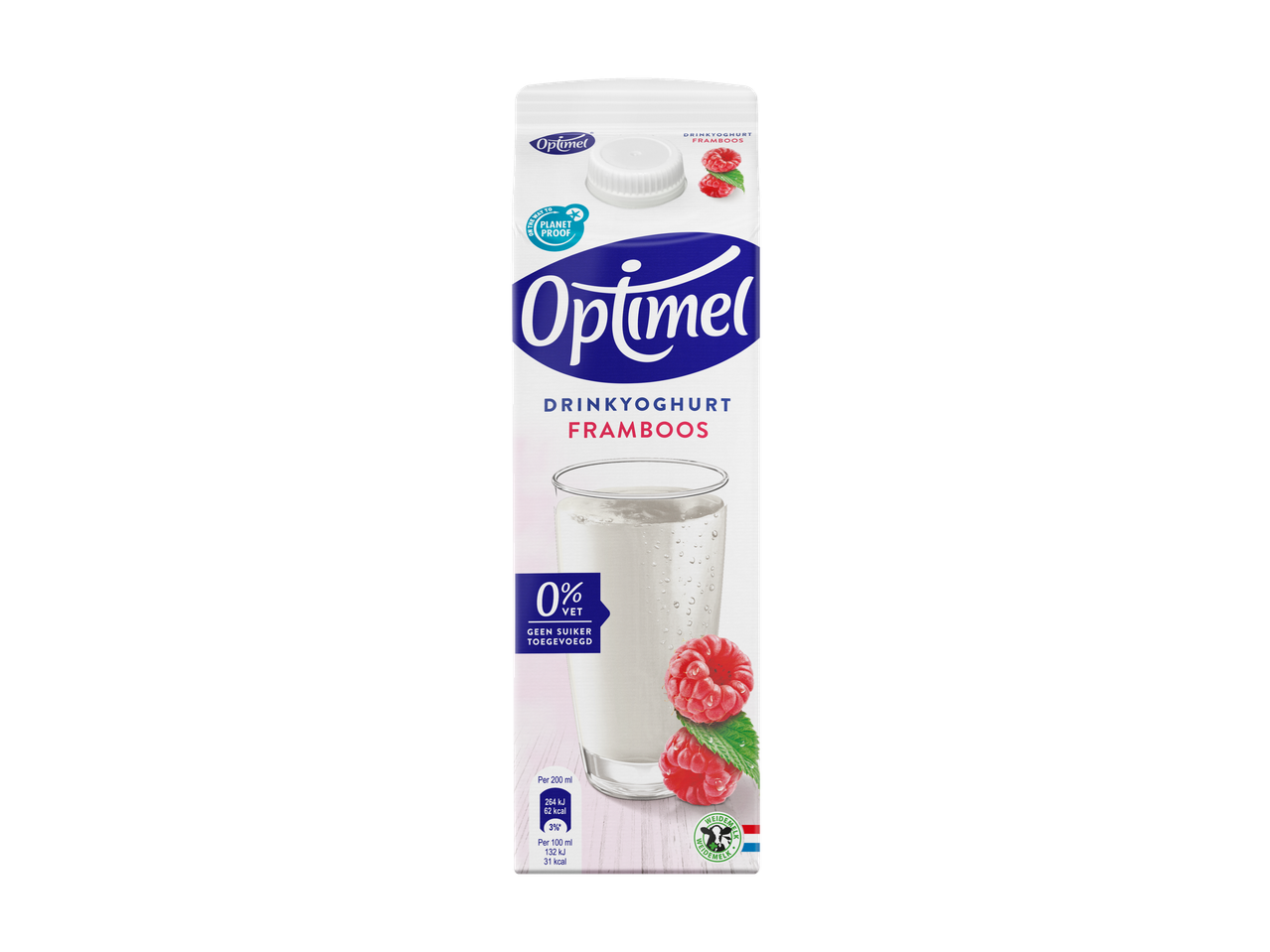Optimel drinkyoghurt framboos, 0% vet, geen suiker toegevoegd, met voedingswaarden.