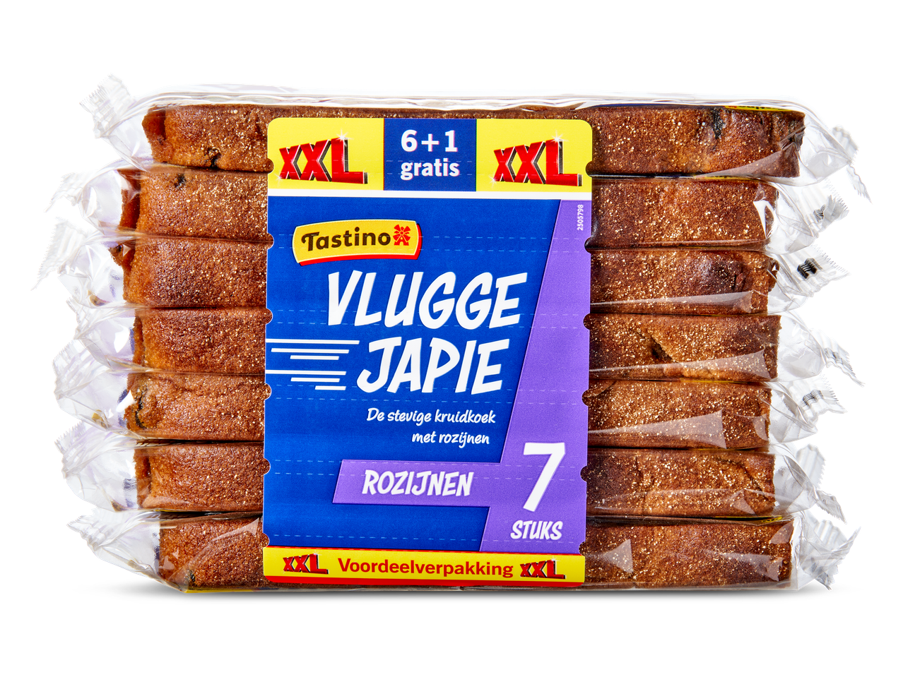Een verpakking van 7 kruidkoeken met rozijnen, met 6+1 gratis aanbieding.