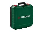 Green and black plastic tool case with a carrying handle and red latches