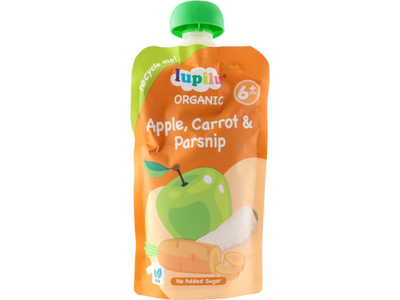 Lupilu organic apple, carrot, and parsnip baby food pouch.