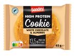 Un biscuit Sondey riche en protéines au chocolat blanc et amandes, 45g.