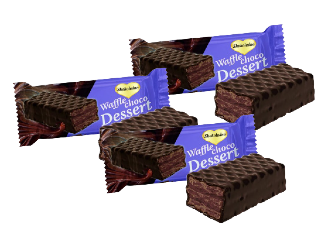 Vairāki Shokoladno vafeļu šokolādes deserti ar tumšu šokolādes glazūru.