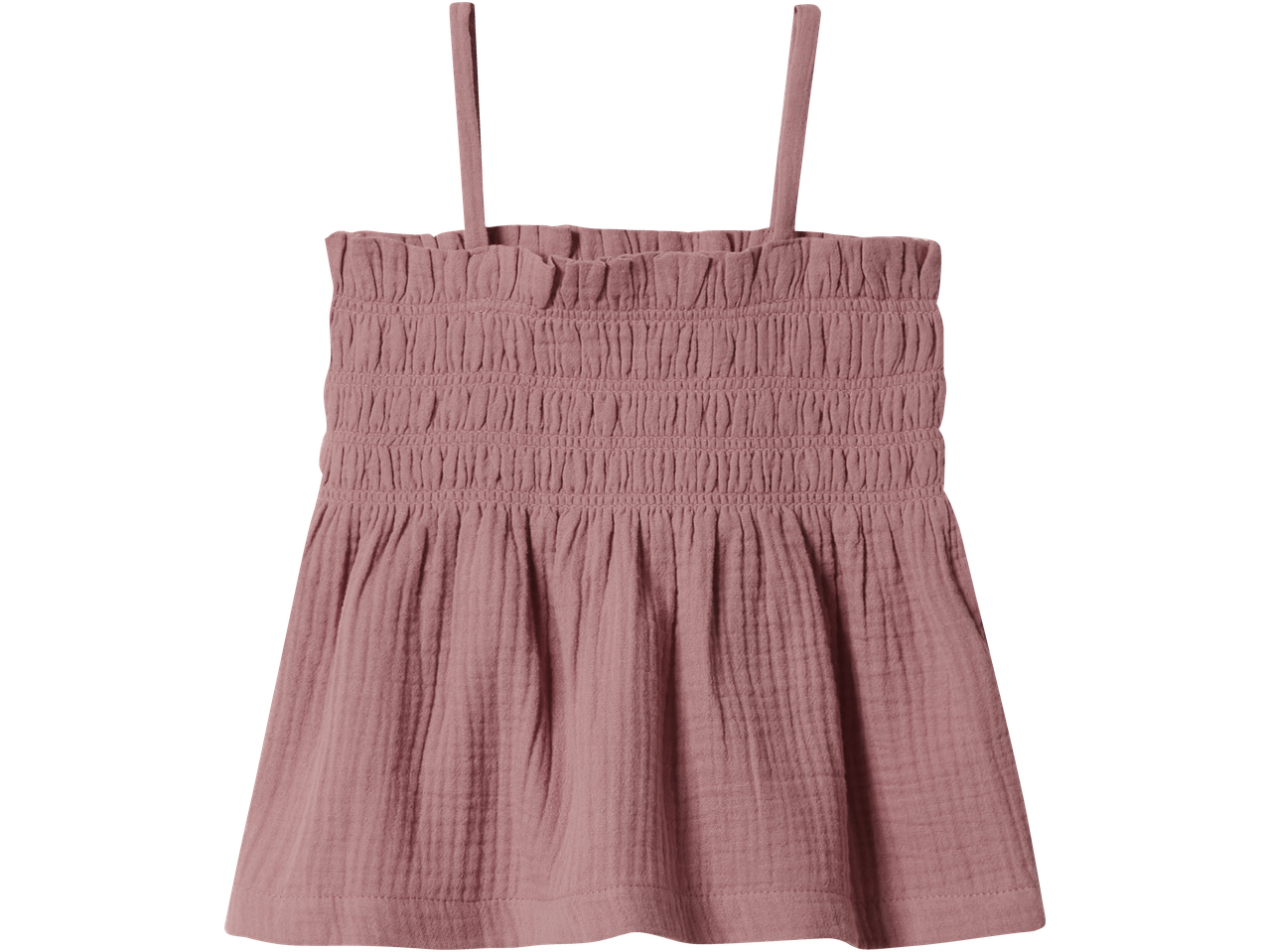 Pink smocked camisole top with thin straps, made from a textured, crinkled fabric.