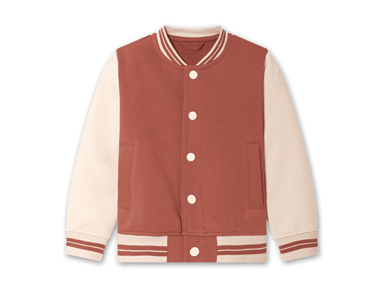 Baseballjacke in Rostrot und Beige mit weißen Knöpfen und Streifen.
