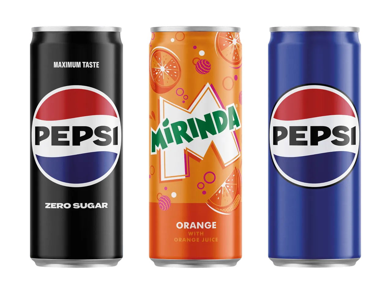 Pepsi Zero Sugar, Mirinda Orange und Pepsi Dosen nebeneinander.