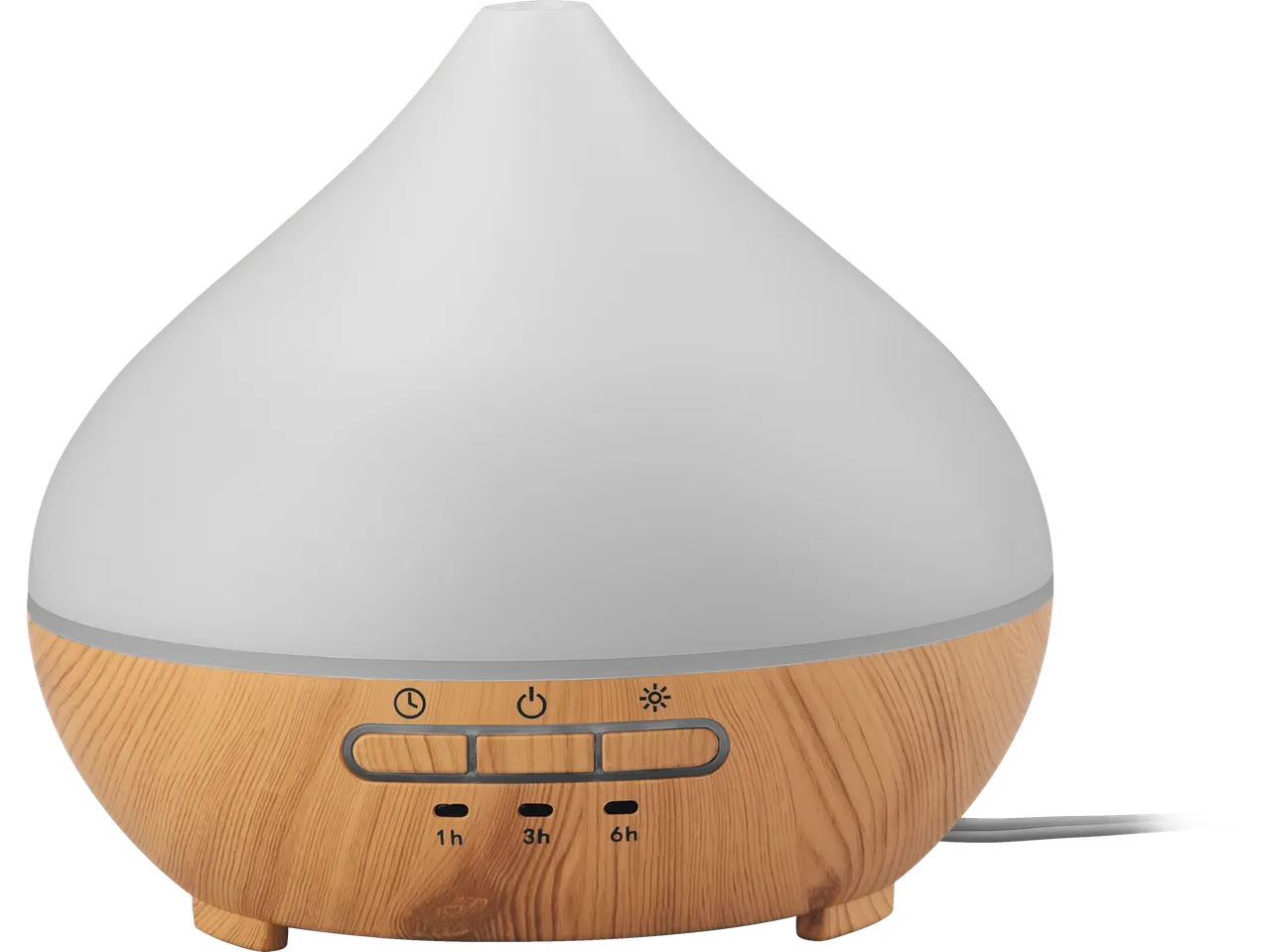 Difuzor eteričnih ulja s drvenim uzorkom, bijelim vrhom i kontrolnim gumbima za tajmer i svjetlo.