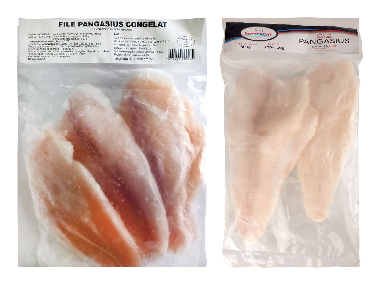 Două pungi de file de pangasius congelat, una cu etichetă românească și cealaltă cu etichetă „DAYSEADAY”.