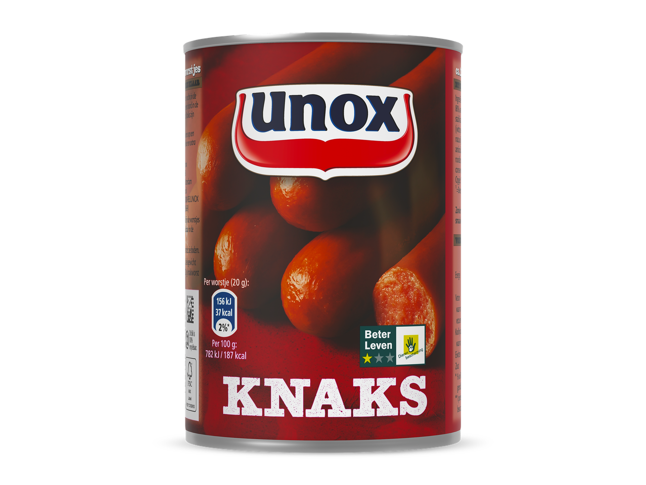 Rode blikjes met knakworsten, met voedingswaarden en een keurmerk voor dierenwelzijn.