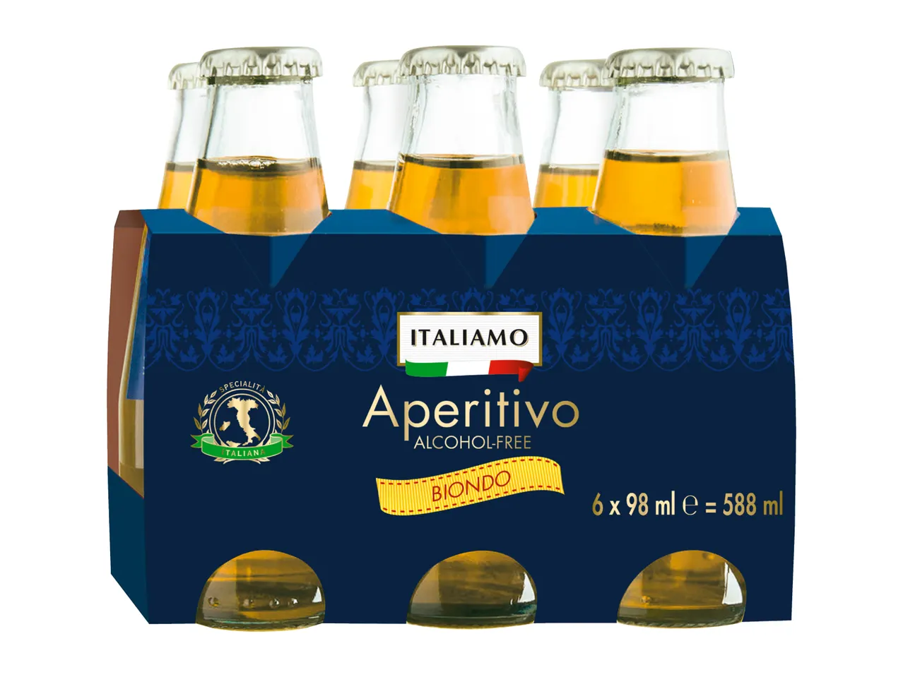 Six-pack of alcohol-free Italian aperitivo, Biondo flavor, 6 x 98 ml.