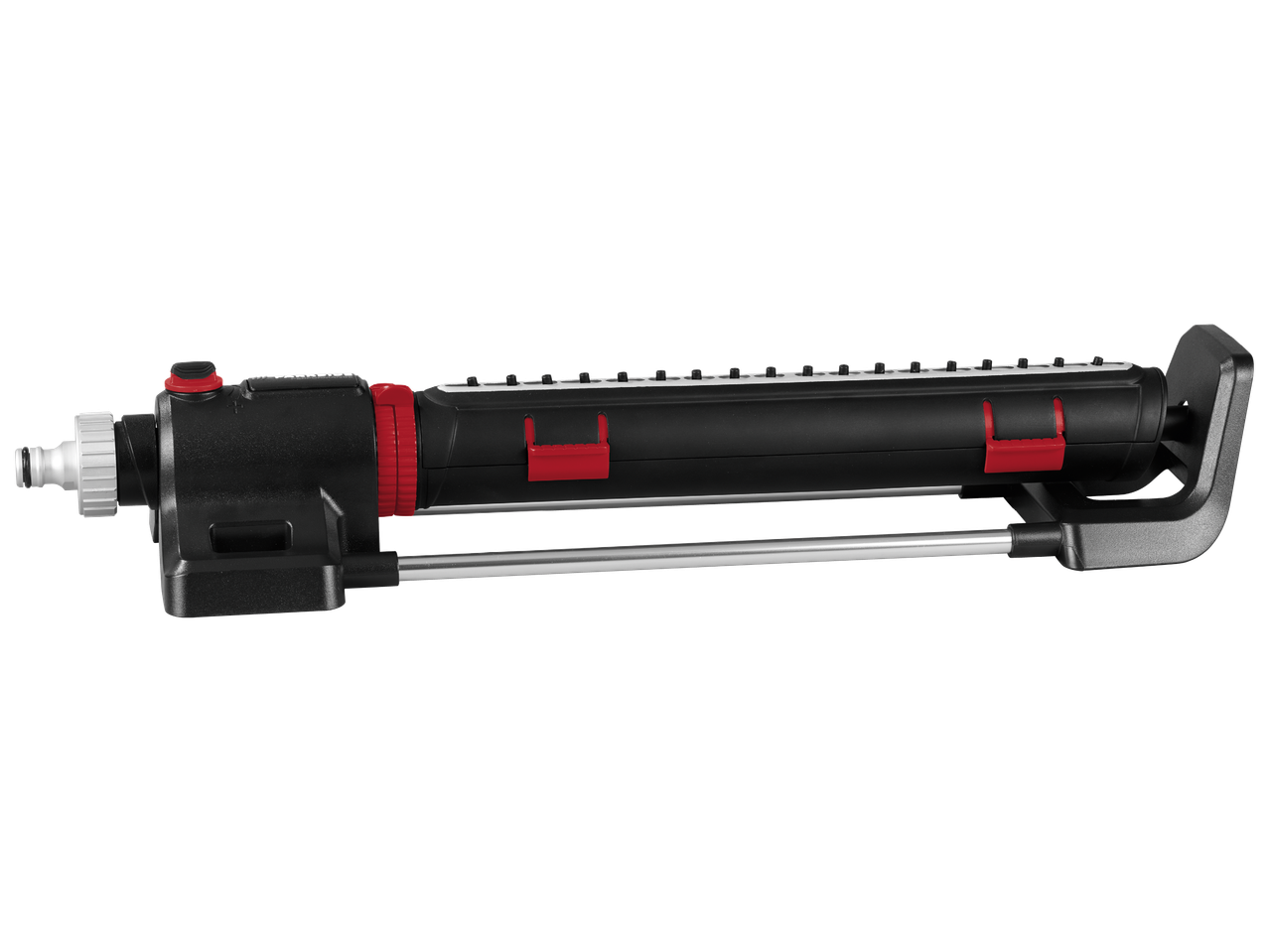 Черен осцилиращ разпръсквач за градина с червени акценти и сребристи елементи