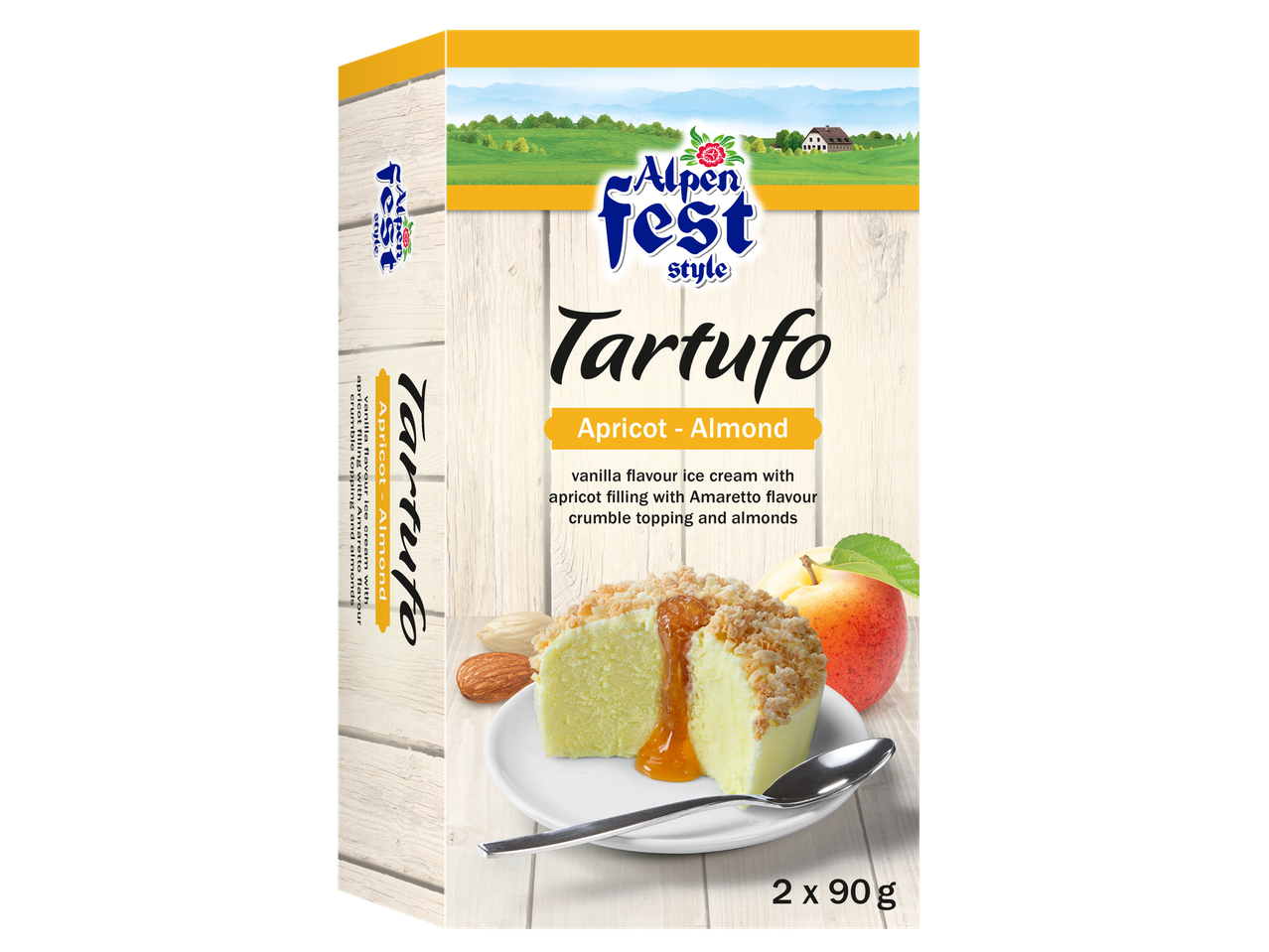 Ambalaj de înghețată Tartufo cu aromă de caise și migdale de la Alpen Fest.