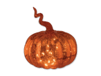 Glitzernder orangefarbener Kürbis mit einem geschwungenen Stiel.