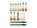 Eine Sammlung von verschiedenen Pinseltypen und -größen, darunter Flachpinsel und Rundpinsel.