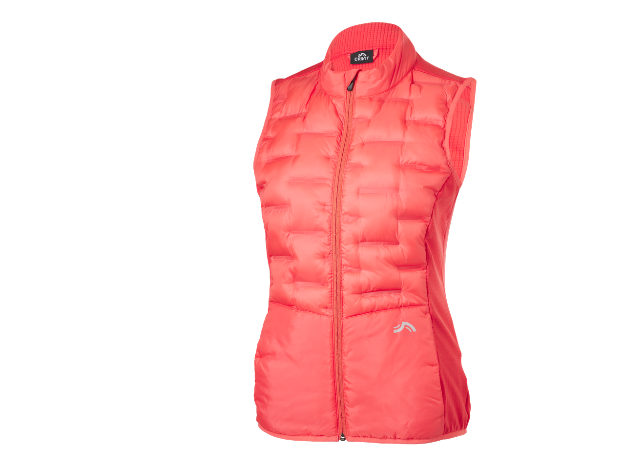 Коралова дамска ватирана жилетка с цип и висока яка.