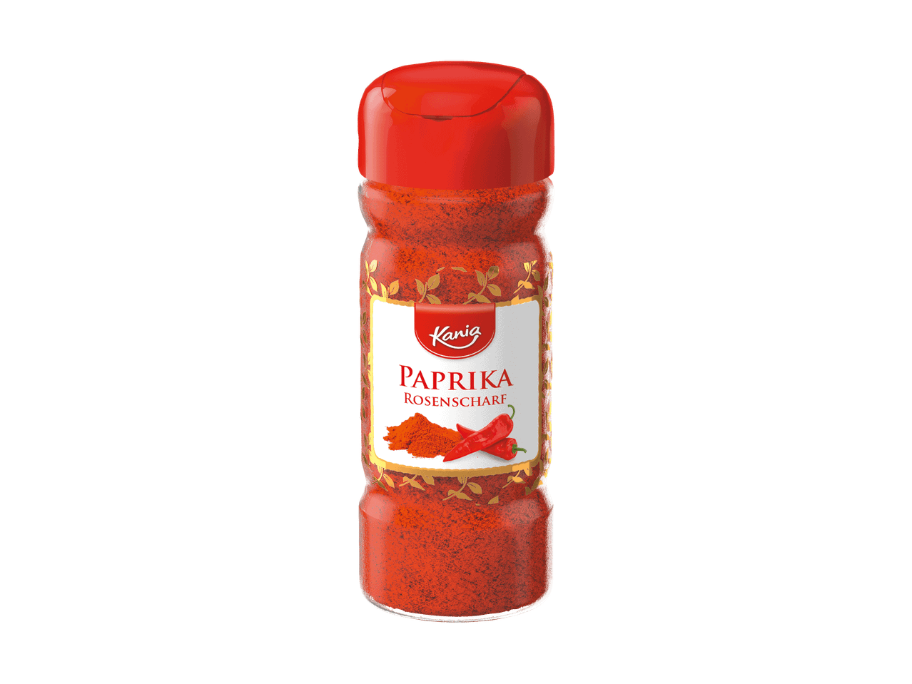 Paprikapulver in einem Glasstreuer mit rotem Deckel und Etikett, das Paprika und Chilischoten zeigt.