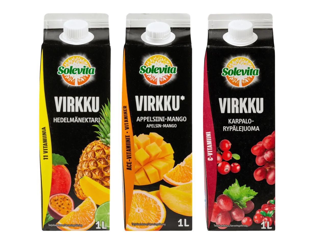 Kolme 1 litran mehupakkausta: hedelmänektari, appelsiini-mango ja karpalo-rypälejuoma.