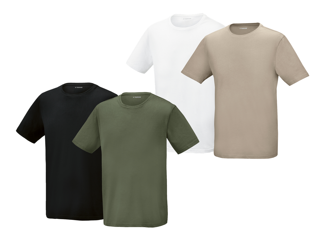 Četiri muške majice kratkih rukava u crnoj, maslinasto zelenoj, bijeloj i bež boji.