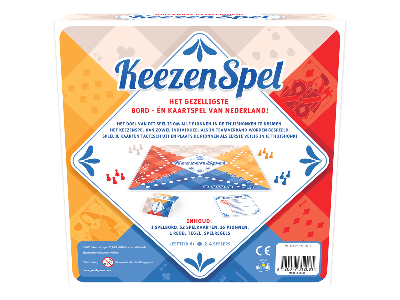 Bord- en kaartspel met pionnen en speelkaarten, geschikt voor 2-4 spelers vanaf 6 jaar.
