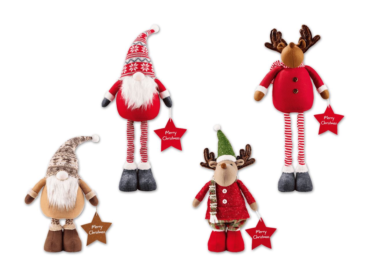 Weihnachtliche Dekofiguren: zwei Wichtel und zwei Rentiere mit „Merry Christmas“-Schildern.
