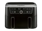 Black dual-basket air fryer with digital display showing 180°C and various cooking functions.