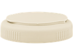 A beige plastic cap with a slightly raised, flat top and textured sides.