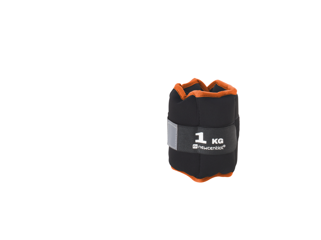 Juodas 1 kg kulkšnies arba riešo svoris su oranžiniu apvadu.