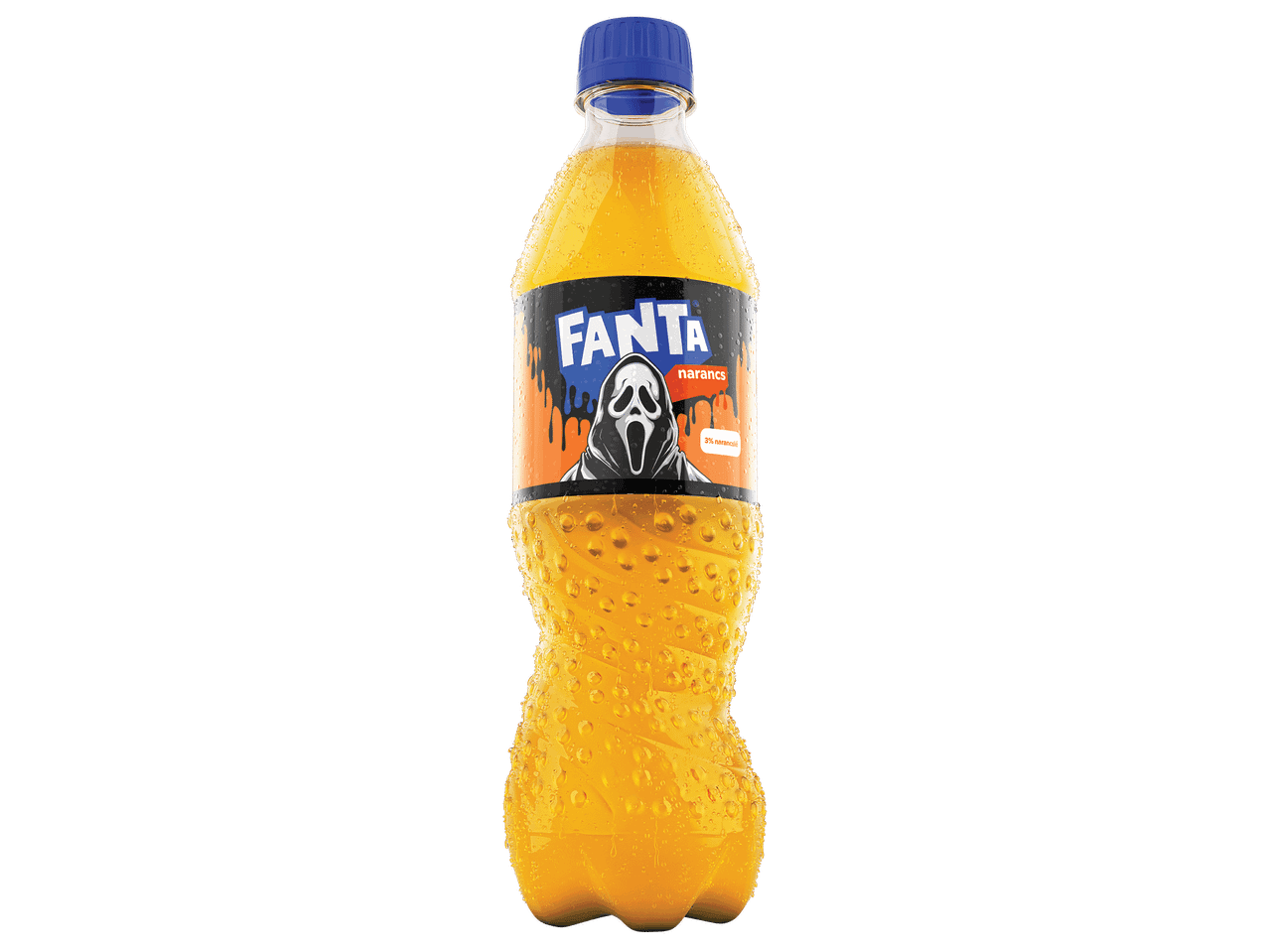 Narancsízű szénsavas üdítőital halloweeni kiadásban, Ghostface mintás címkével.