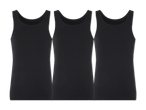 Drei schwarze Tanktops liegen nebeneinander.