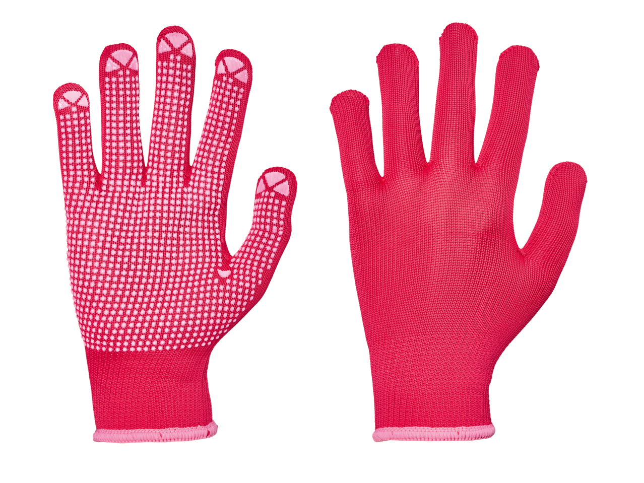 Pair of red gardening gloves, one with white anti-slip dots on the palm.