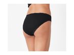 Woman wearing black ribbed lace trim briefs, side view.