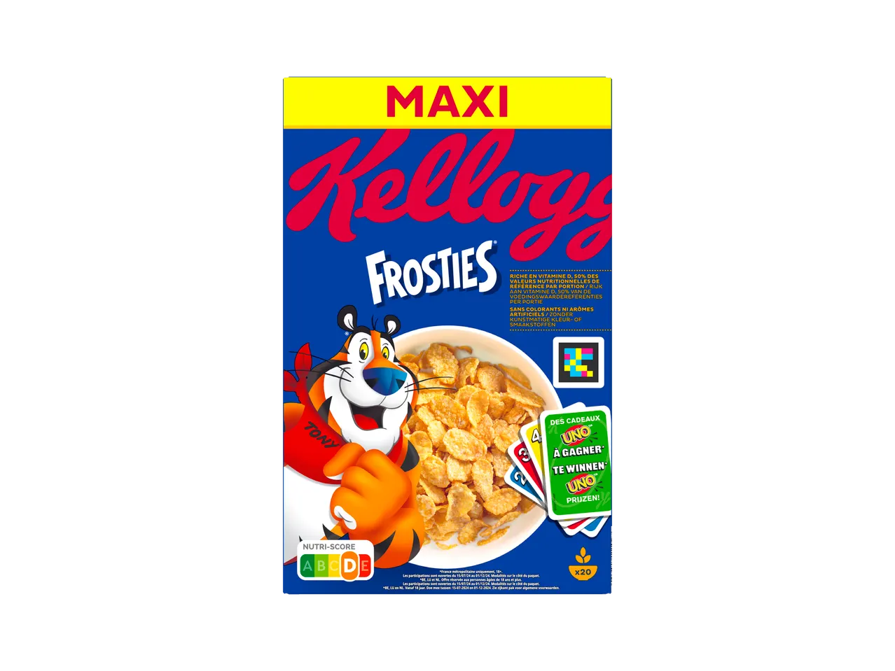 Kellogg's Frosties ontbijtgranen doos met Tony de Tijger en UNO kaartspel promotie