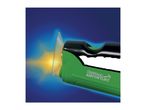 Green flashlight with a bright yellow beam, featuring 'Outdoor Adventure' text on its side.