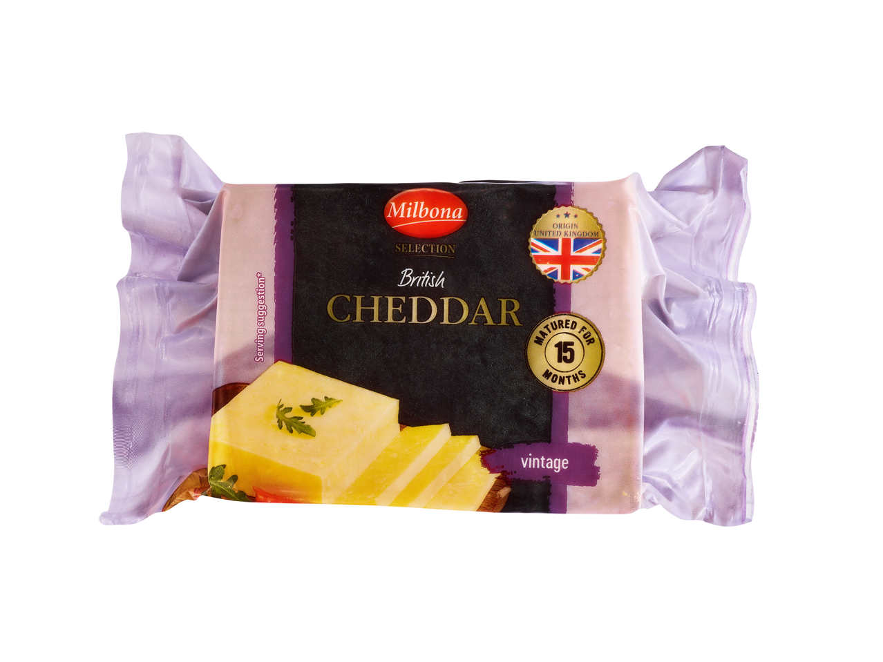 Brânză Cheddar britanică vintage, maturată 15 luni, în ambalaj violet.