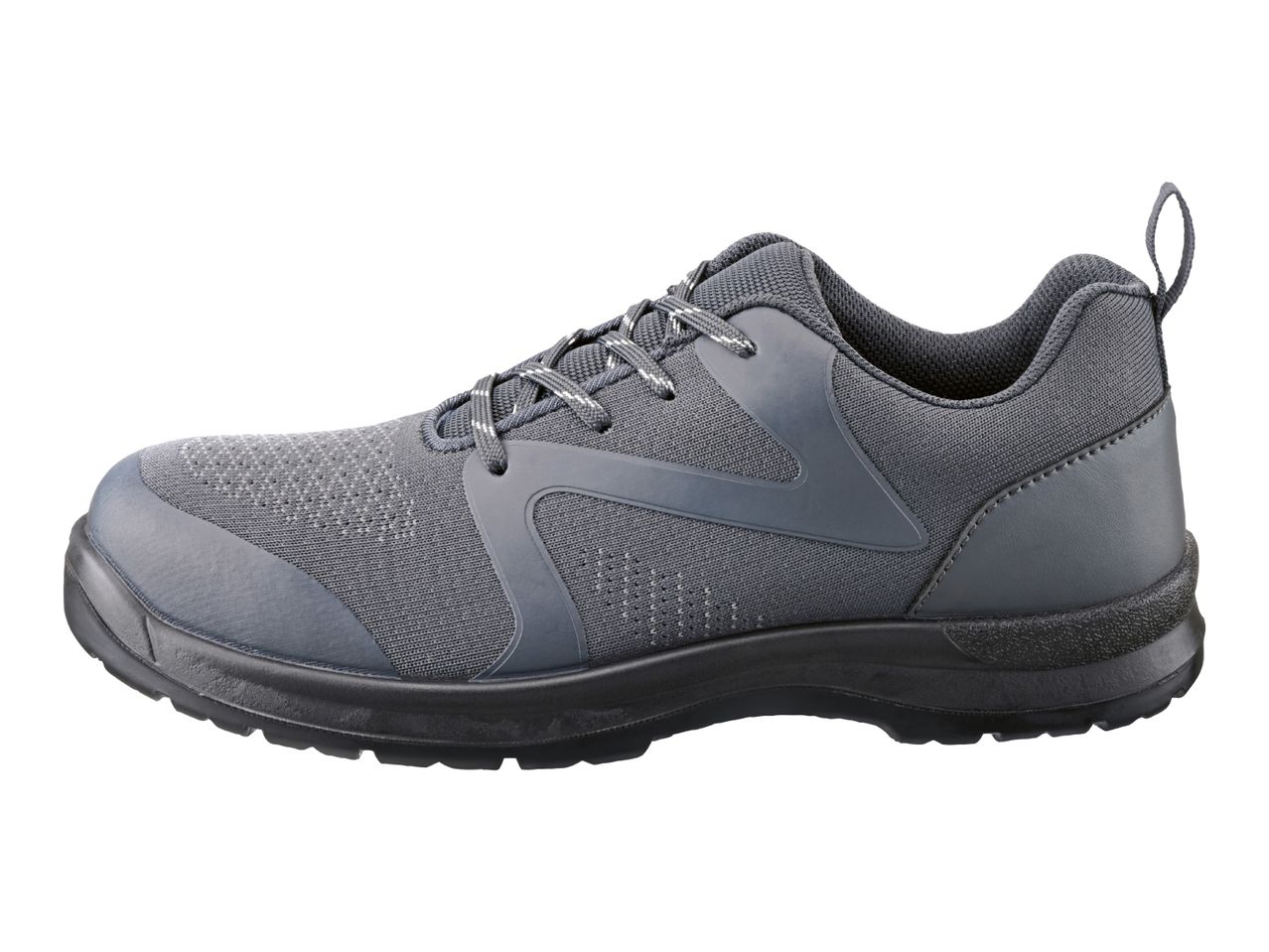 Grey athletic shoe with black sole and white-striped laces