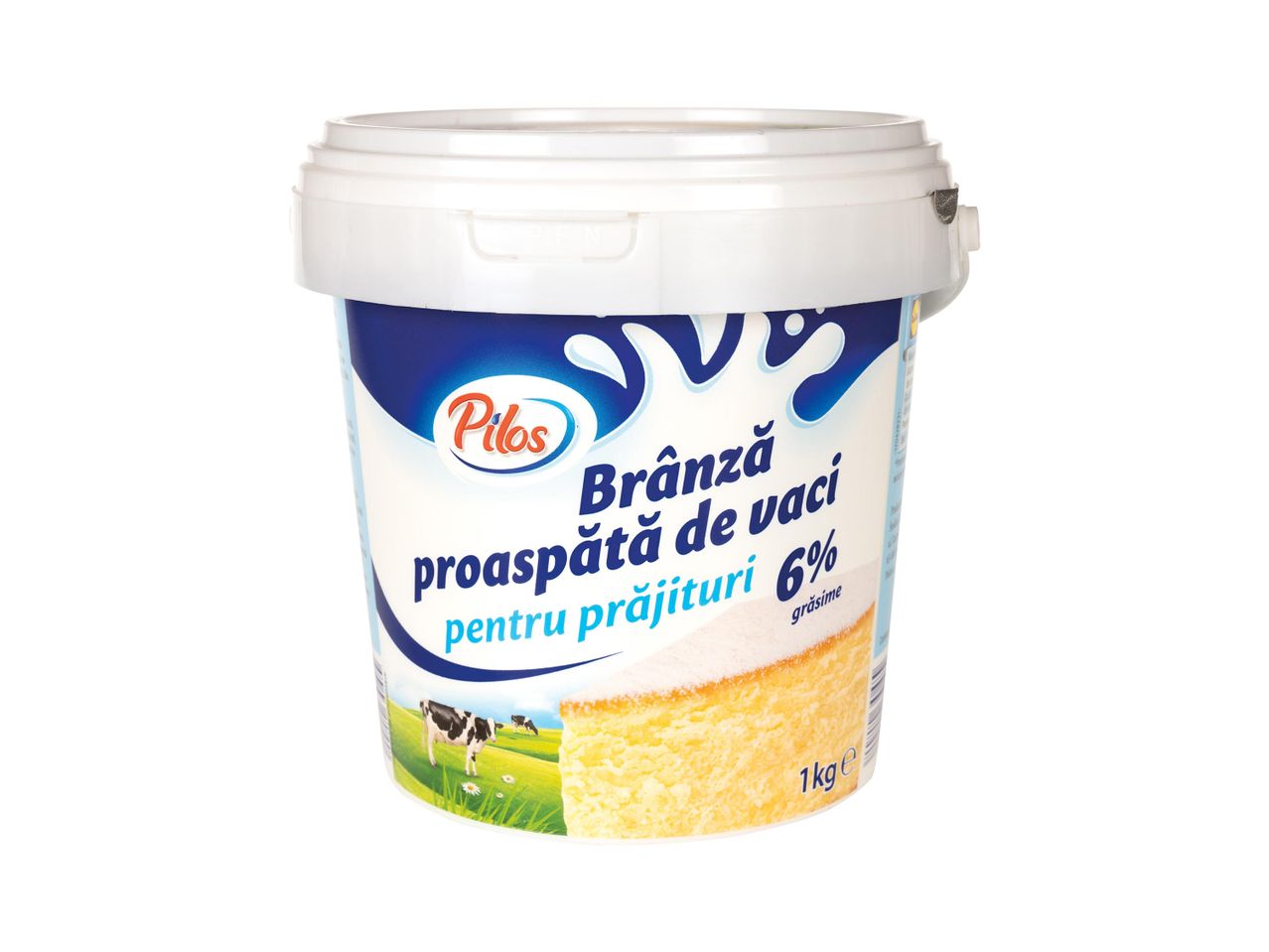 Brânză proaspătă Piloty 6% în găleată pentru prăjituri.